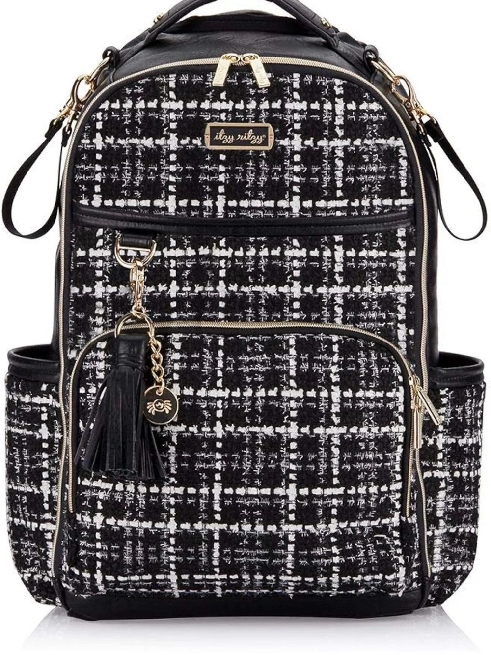 Itzy Ritzy Black and White Tweed Backpack with Gold Hardware